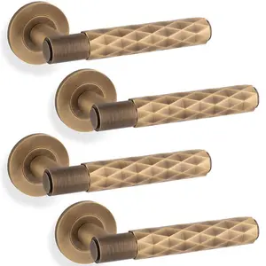 4 PACK - PAIR Diamond Lever on Round Rose Door Handle - Antique Brass Concealed Screw