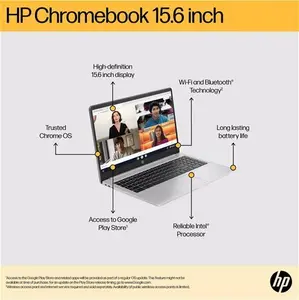 HP Chromebook 15A-Na0005na Laptop, Intel Pentium Silver Processor, 4GB RAM, 128GB Emmc, 15.6" Full HD, Mineral Silver