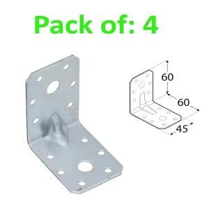 ANGLE BRACKET 2mm Thick HEAVY DUTY Corner Reinforced Galvanised Zinc Plated 60x60 Width 45mm Pack of: 4