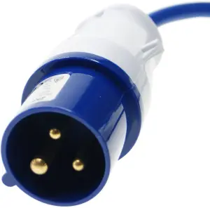 16A 2P+E Hook Up Plug to 13A 4 Gang Socket Mains Extension Cable Lead, 240V, 15m, Blue, for Caravan Site Camping Motorhome Marina