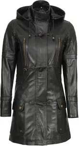 Womens Leather Coat With Hood | Black 3 4 Length Leather Jacket