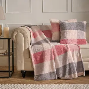 4 Pack Gingham Check Teddy Fleece Soft Cushion Covers, Blush - 45 x 45cm