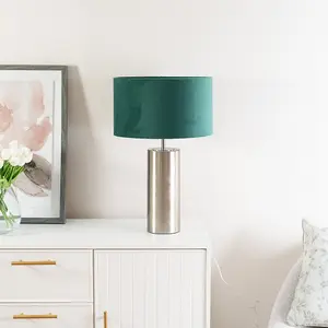 ValueLights Lexy Brushed Chrome Touch Table Lamp with Forest Green Velvet Shade