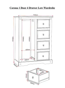 Corona 1 Door 4 Drawer Low Combi Wardrobe in Distressed Waxed Pine