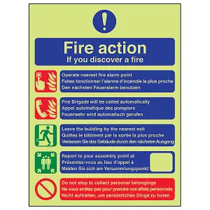 Fire Action Discovery Multi-Language Safety Sign - Glow in the Dark - 150x200mm (x3)