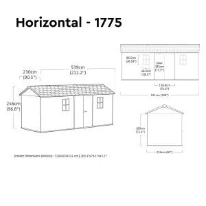 Keter Newton Plus Horizontal 17x7.5 ft Apex Grey Plastic 2 door Shed with floor & 2 windows (Base included)