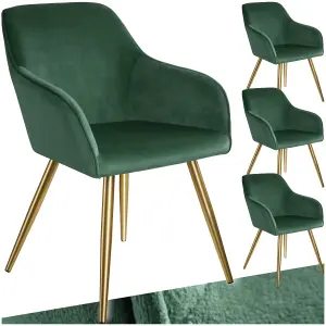 Chair Marilyn - with armrests, padded, velvet look, golden steel legs - dark green/gold