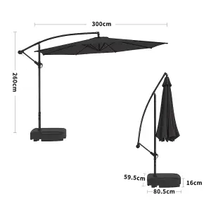 3M Outdoor Black Cantilever Crank Tilt Swivel Banana Umbrella Sunshade with 60L Fillable Base