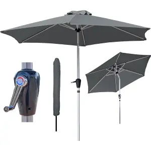 GlamHaus Tilting Garden Parasol Table Umbrella 2.7M with Crank Handle, UV40 Protection, Free Protection Cover - Dark Grey