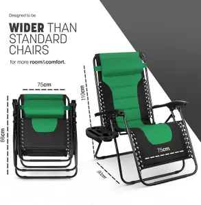 KEPLIN Set of 2 Green Heavy Duty Textoline Zero Gravity Chairs for Garden Light Reclining Patio Sun Loungers