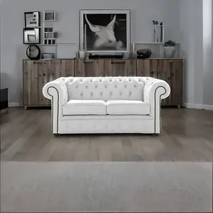 Chesterfield 2 Seater Shelly Winter White Leather Sofa Settee Bespoke In Classic Style