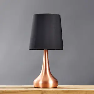 ValueLights Pair Of Modern Copper Teardrop Touch Bed Side Table Lamps With Black Fabric Shades