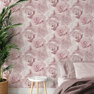 Muriva Bella Soft Pink Flower Rose Bloom 3D Effect Floral Designer Wallpaper