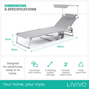 LIVIVO Folding Chair Sun Lounger with Canopy Sunshade, Grey