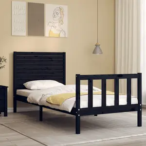 Berkfield Bed Frame with Headboard Black Single Solid Wood