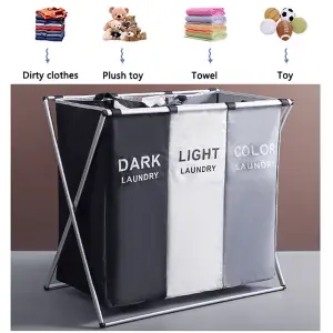 3 Section Foldable Laundry Basket Laundry Hamper Clothes Sorter Toys Organizer