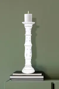 Rustic Antique Carved Wooden Pillar Church Candle Holder Antique White, Large 31cm high