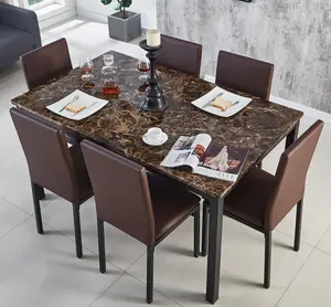 Emillia MDF Marble Effect Dining Table with 6 Faux Leather Chairs in Brown