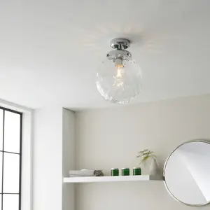 Decorative Flush Bathroom Ceiling Light Fitting - Clear Glass Dimpled Shade