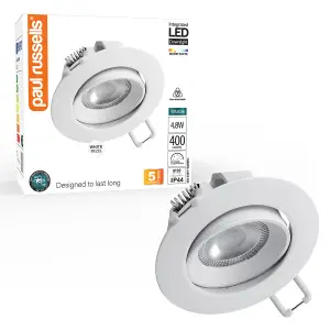 paul russells LED Downlight White Non-Dimmable Tilt Recessed Ceiling Spotlight 4.8W 400 Lumens IP44 Warm White 3000K Pack of 1