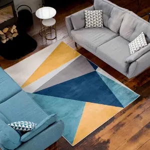 Blue Ochre Bold Geometric Area Rug 80x150cm