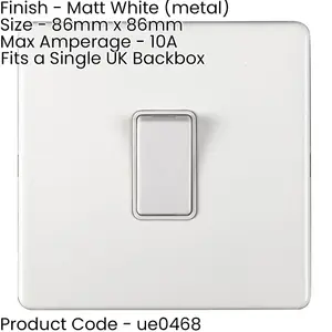 1 Gang Single 10A INTERMEDIATE Light Switch SCREWLESS MATT WHITE Metal Rocker