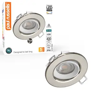 paul russells LED Downlight Brush Nickel Non-Dimmable Tiltable Recessed Spotlight 4.8W 400 Lumens IP44 Warm White 3000K Pack of 1