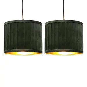 First Choice Lighting Set of 2 Sundance Dark Green Velvet Pleated 25cm Lamp Shades with Gold Inner