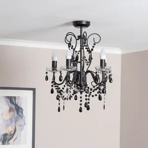 ValueLights Viscount Black 5 Way Ceiling Light Chandelier Fitting with Clear Acrylic Jewel Droplets - LED Bulbs Included