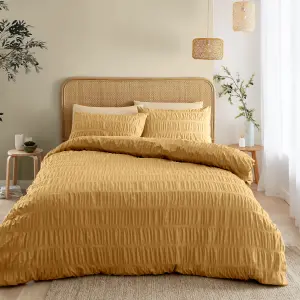 Catherine Lansfield Bedding Seersucker Embellished Duvet Cover Set with Pillowcases Caramel