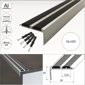 A37 36 x 20mm Anodised Aluminium Non Slip Rubber Stair Nosing Edge Trim With Inserts - Silver With Black Rubber, 0.9m