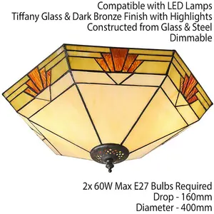 Tiffany Glass Semi Flush Ceiling Light Cream & Red Inverted Hex Shade i00058