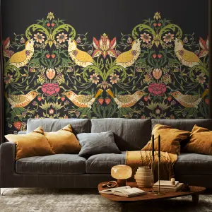 Origin Murals Birds, Fruit And Foliage - Black and Olive Matt Smooth Paste the Wall Mural 350cm wide x 280cm high