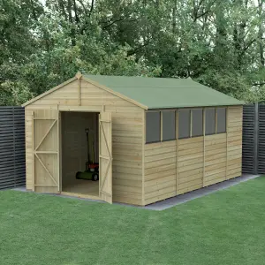 Forest Garden Beckwood Shiplap 10x15 ft Apex Natural timber Wooden Pressure treated 2 door Shed with floor & 6 windows (Base included) - Assembly service included