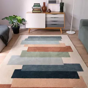 Cream Handmade Modern Geometric Wool Easy to Clean Rug for Living Room & Bedroom-120cm X 170cm