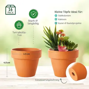 Multi-Purpose Small Terracotta Plant Pots - 4.5cm Pack of 16 for Succulents, Cacti, Flowers, Crafts & Home Décor