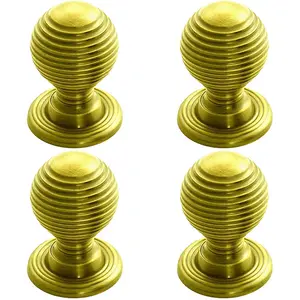 4x Textured Reeded Ball Cupboard Door Knob 28mm Dia Polished Brass Handle