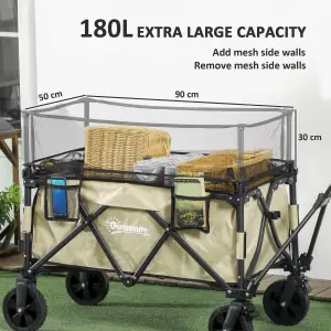 Outsunny 180L Folding Garden Trolley Wagon Cart w/ Extendable Side Walls, Khaki