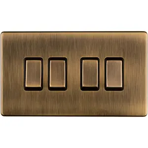 4 Gang Quad Light Switch SCREWLESS ANTIQUE BRASS 2 Way 10A Metal Rocker Slim