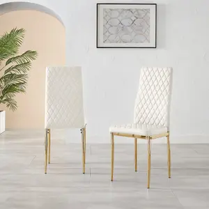 Set of 6 Milan White High Back Soft Touch Diamond Pattern Faux Leather Golden Chrome Metal Leg Dining Chairs