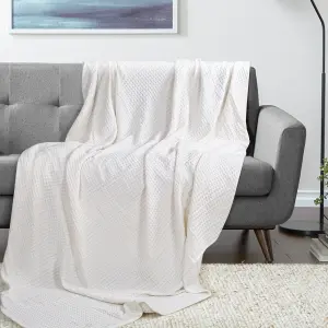 EHC Luxuriously Soft Chunky Waffle Cotton Throws Large Sofa Bed, Sofa, Couch Blanket Bedspread, Double, 150 x 200 cm - Ivory