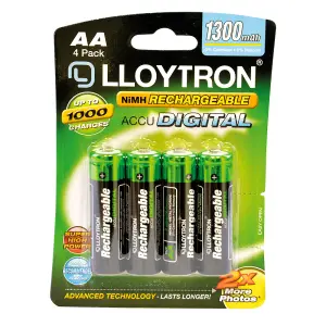 LLOYTRON NiMH Rechargeable AccuDigital Batteries AA Size 1300mAh 4 Pack