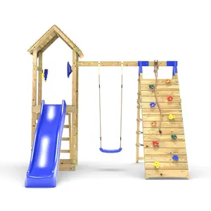 Limited Edition Rebo Wooden Climbing Frame with Swing and Up & over Climbing wall - Bear Blue