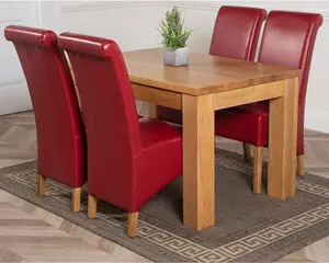 Dakota 127 x 82 cm Chunky Oak Small Dining Table and 4 Chairs Dining Set with Montana Burgundy Leather Chairs