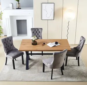 Marvin Oak Wood Veneer Dining Table and 4 Grey Luxury Velvet Dining Chairs Dining Room Furniture Sets