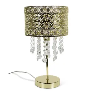 ValueLights Enna Gold Moroccan Style Bedside Table Lamp with Acrylic Jewel Droplet Drum Lampshade - Bulb Included