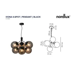 Nordlux Ivona 6-Spot Indoor Living Dining Glass Pendant Ceiling Light in Black (Diam) 20cm