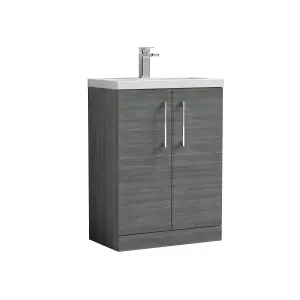 Compact Floor Standing 2 Door Vanity Basin Unit with Ceramic Basin - 600mm - Woodgrain Anthracite