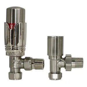 Right Radiators Satin Nickel Angled TRV Thermostatic Radiator Valve and Manual Angled Valve 15mm x 1/2"