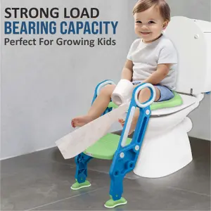 Children Baby Toddler Kid Potty Training Toilet Seat Trainer Urinal Chair with Ladder, Green & Blue